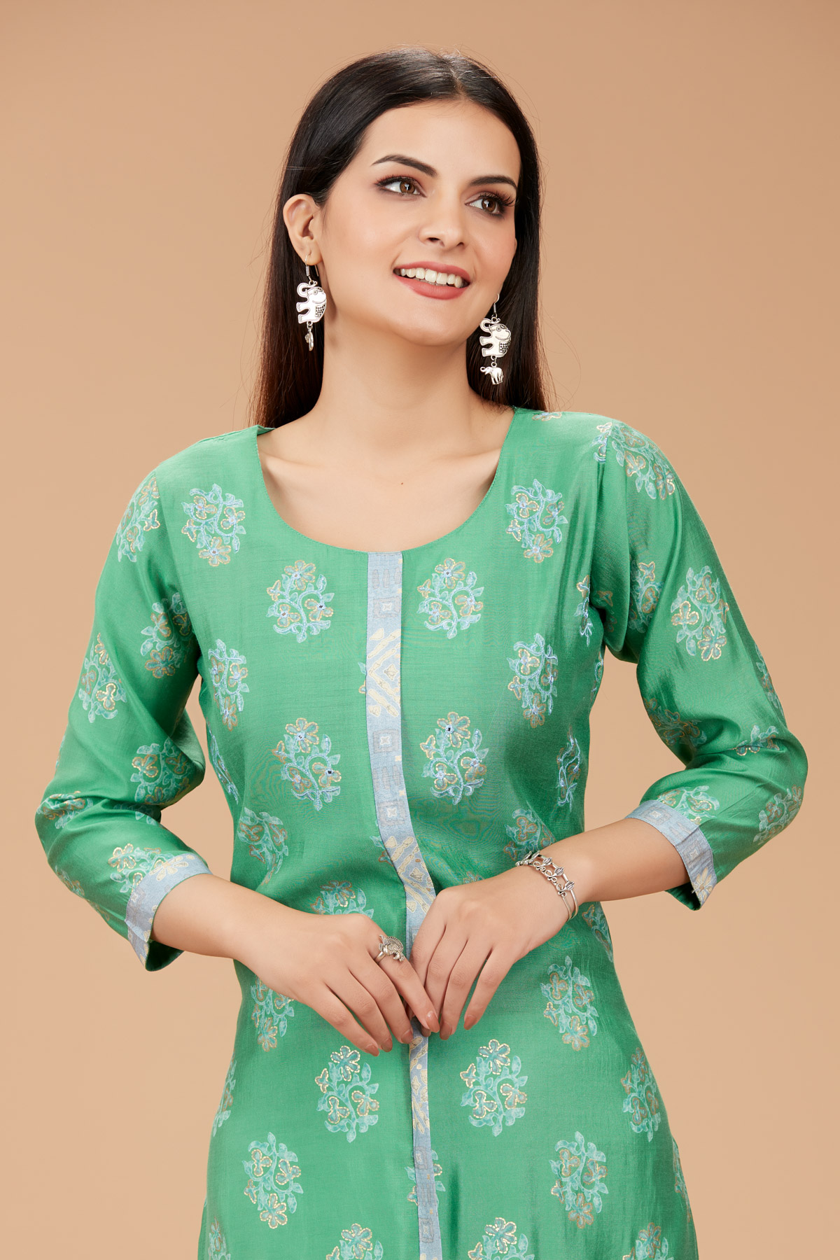 Green Printed Straight Kurti